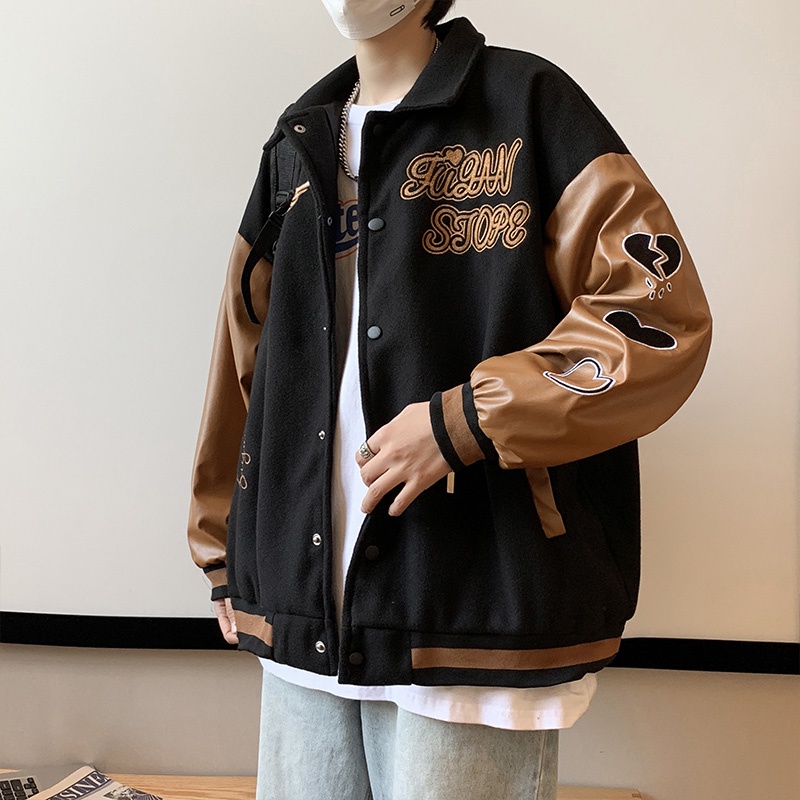 Áo khoác bomber nam tay da, áo varsity jacket 2022 màu nâu đen chất nỉ đẹp thời trang unisex quảng châu ulzzang