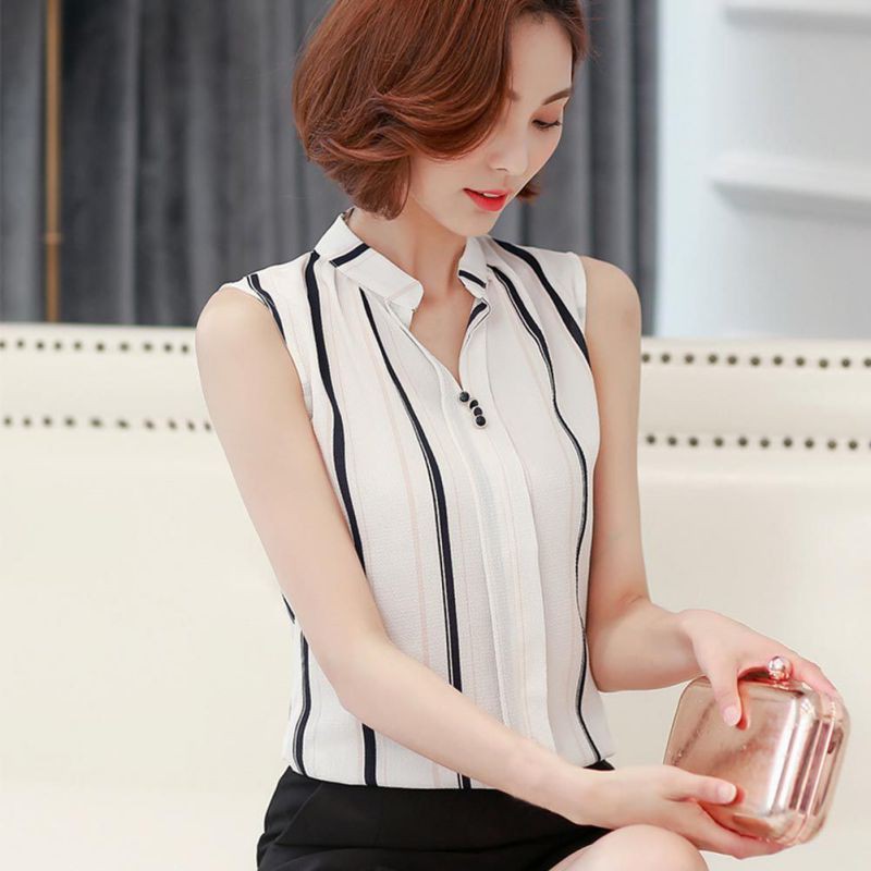 FREESHIP ĐƠN 99K_ Áo Sơ Mi Sát Nách Chất Chiffon Thiết Kế Cổ Chữ V Thanh Lịch