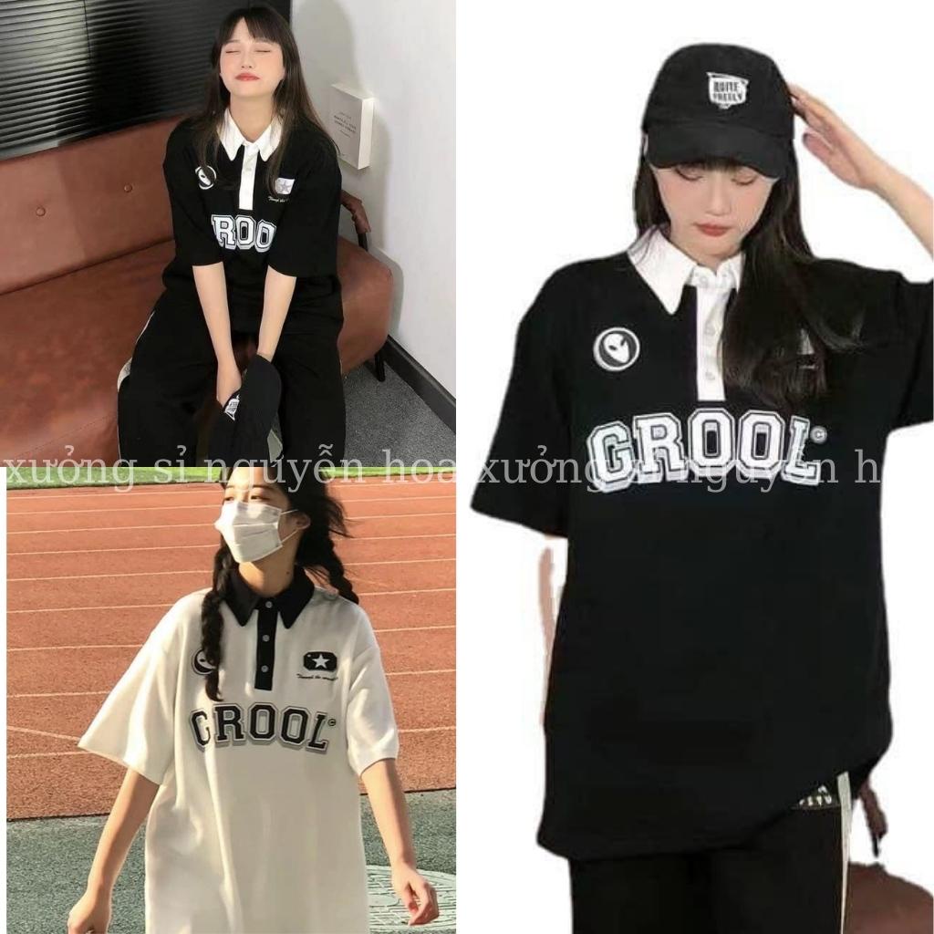Áo thun polo Grool tay lỡ form dáng rộng unisex nam nữ mặc được 2 màu trắng đen xưởng sỉ nguyễn hoa