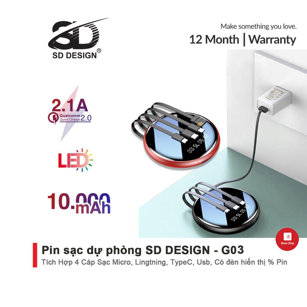 [BH 6 Tháng] Sạc Dự Phòng Mini SD Design G03 10000m Cho iPhone/Samsung/Xiaomi/Oppo/Huawei Tích Hợp 4 Cáp Sạc+Màn Led Pin