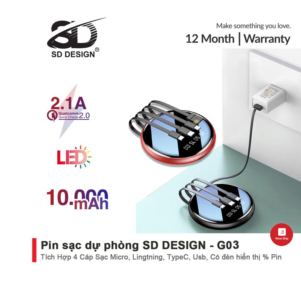 Sạc Dự Phòng Mini Chính Hãng SD Design G03 Cho iPhone Samsung Xiaomi Oppo Huawei Tích Hợp 4 Cáp Sạc+Màn Led Pin