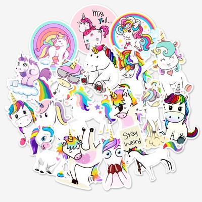 Set 50 Sticker chống nước hoạt hình kì lân dán xe vali laptop mũ bảo hiểm bàn học nhạc cụ ván trượt.