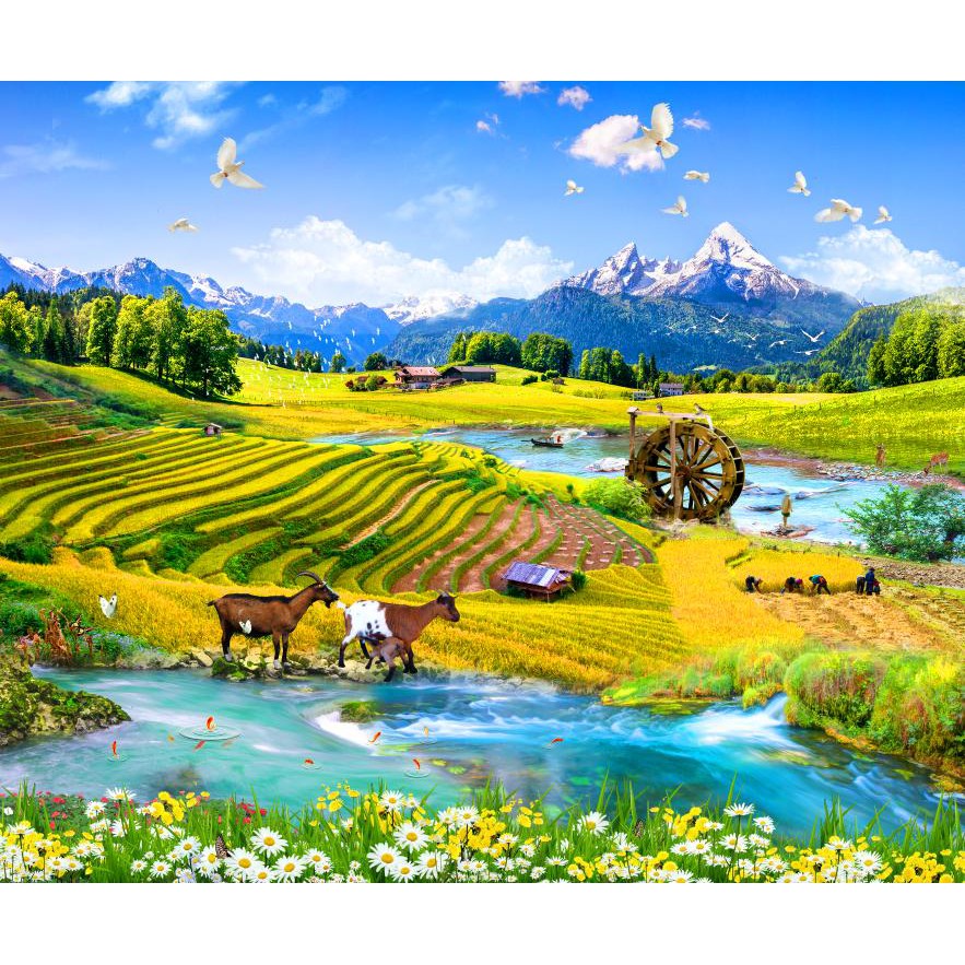 Tranh dán tường 3D phong cảnh làng quê - Vải lụa -kích thước theo yêu cầu