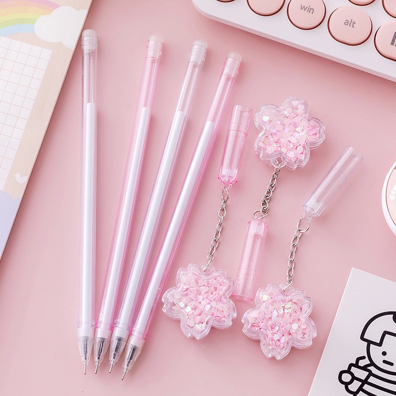Peach 4Pcs Pink floral pendant neutral pen sign pen Student stationery and office supplies