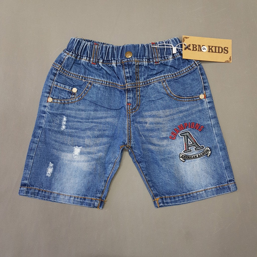 Quần short jean vải mềm thêu chữ A bé 9-32kg