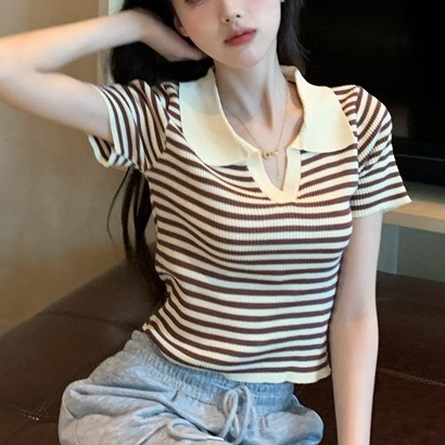 Áo Thun Polo Ngắn Tay Họa Tiết Sọc Ngang Thời Trang Dành Cho Nữ