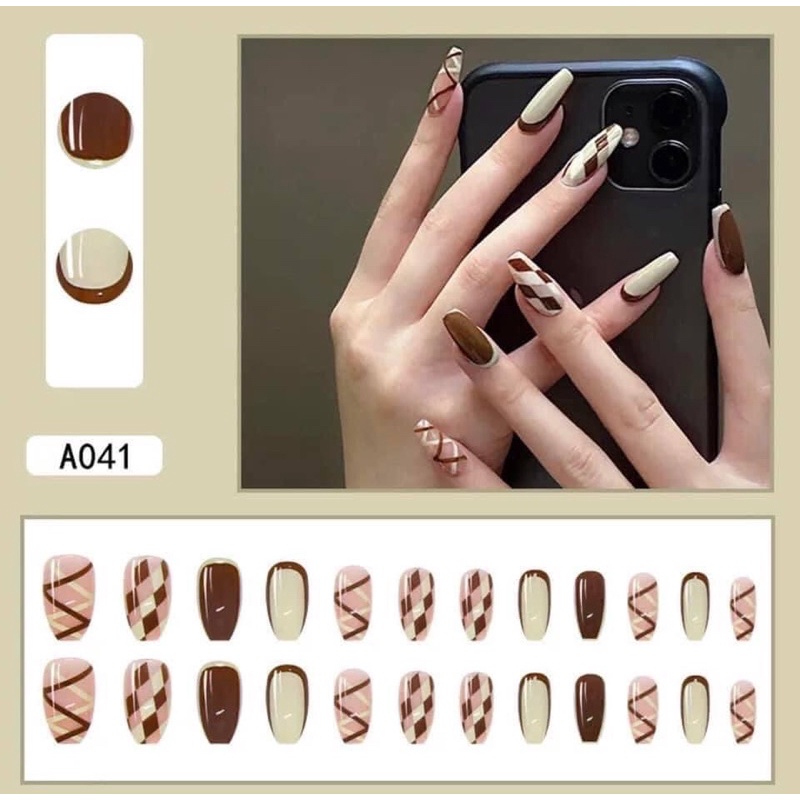 Set 24 móng tay giả dáng dài thiết kế thời trang theo xu hướng có keo dán đóng hộp chuẩn