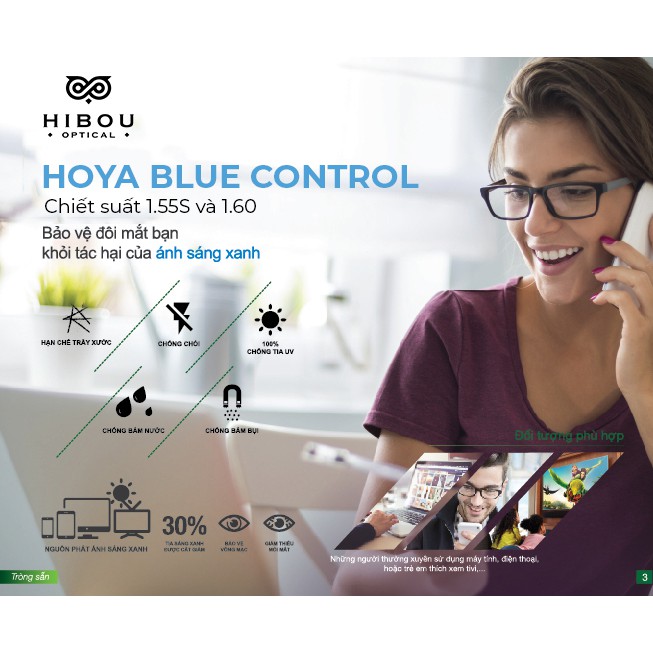 Mắt Kính Lọc Ánh Sáng Xanh Hoya Blue Control 1.55S  - Hibou Optical Đủ độ Cận Loạn Viễn