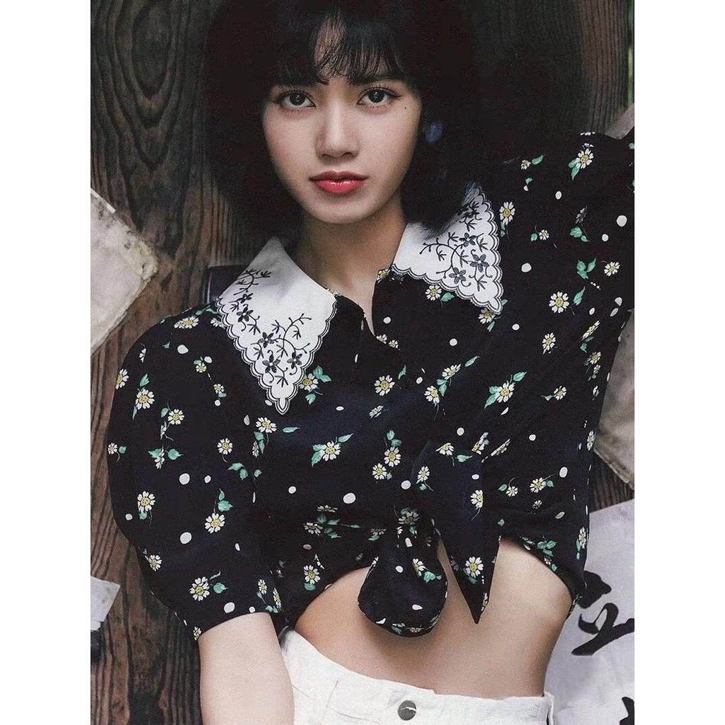 Lisa blackpink Áo Crop Top Ren Hoa Ngắn Tay Thời Trang Retro Hàn Quốc Cho Nữ