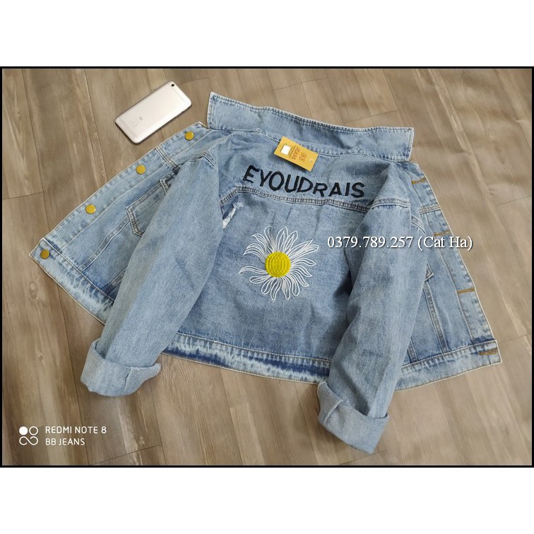 Aó khoác jean nữ xám xanh như hình form dưới 58Kg bông cúc đậm nhạt BB20