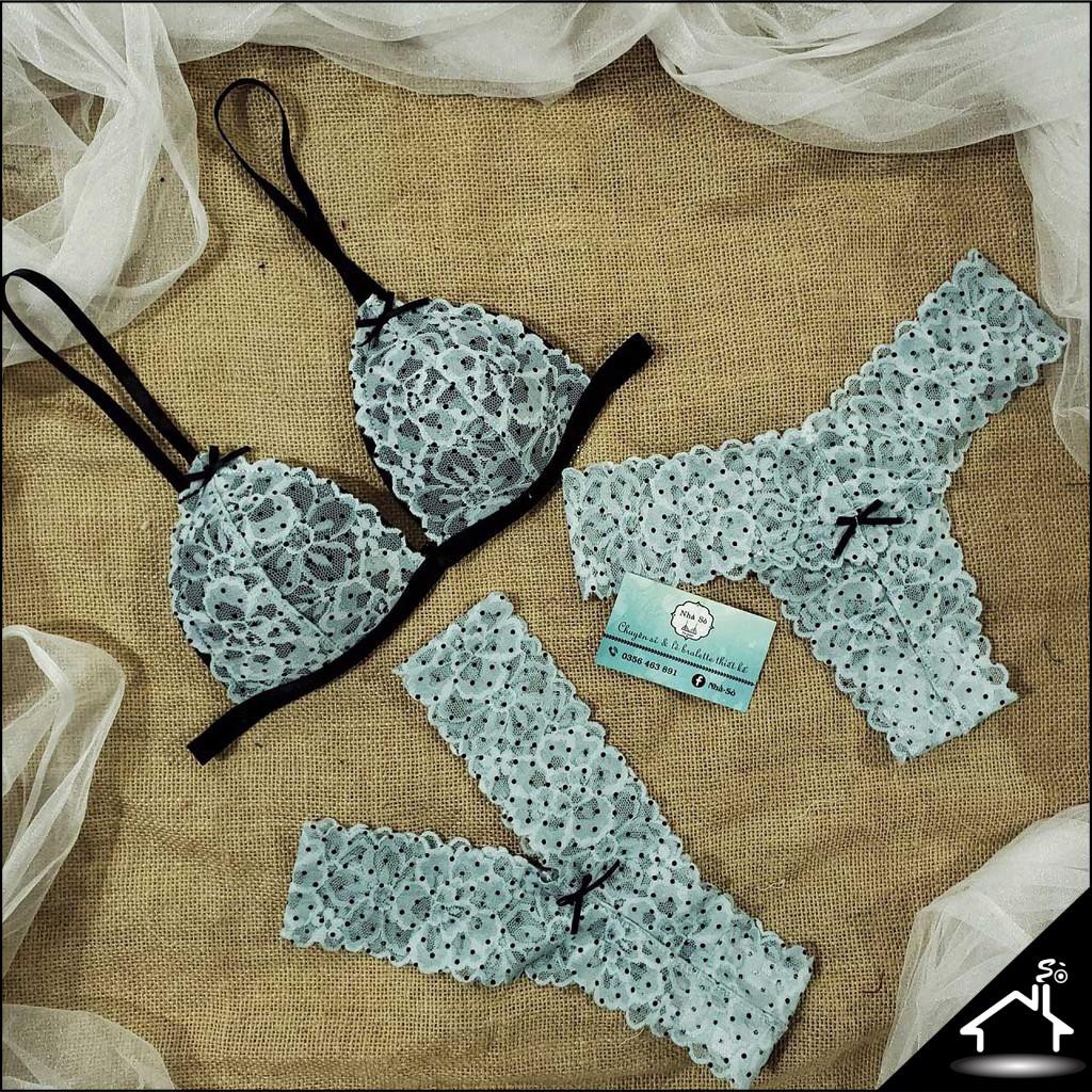Bộ đồ lót sexy by Nhà Sò ren xanh xám chấm bi quần Y/T NS122