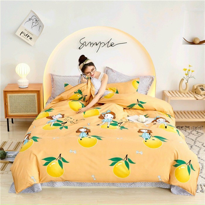 Set 4 Món Bộ Ga Gối Poly Nhập Cao Cấp_Mẫu CÔ BÉ CAM Dành tặng Cho Bé Gái