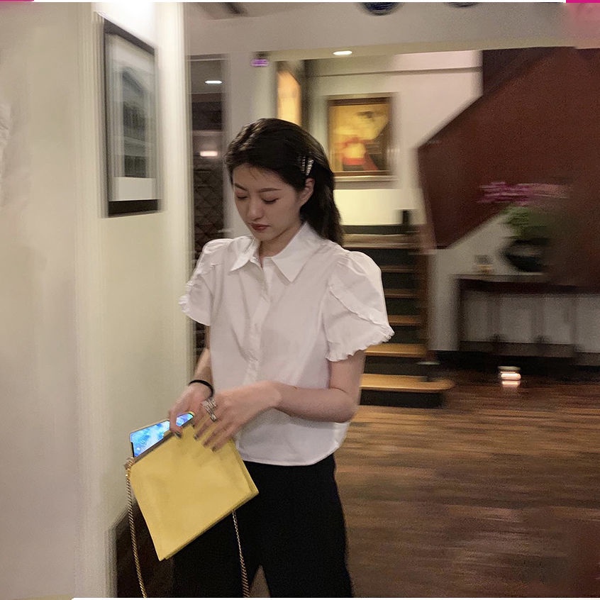 Áo Sơ Mi Tay Ngắn Phồng Màu Trắng Dễ Thương Thời Trang Mùa Hè Cho Nữ