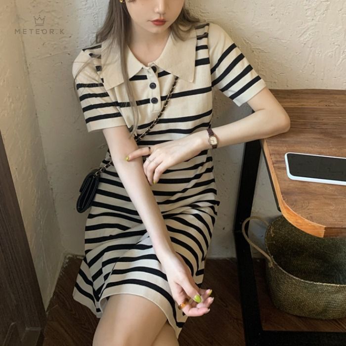 Đầm suông dáng rộng cổ bẻ họa tiết sọc ngang phong cách retro Pháp thời trang cho nữ