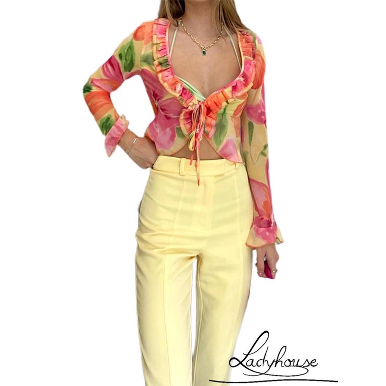 Áo Khoác Cardigan Xuyên Thấu In Họa Tiết Hoa Màu Cam Cho Nữ