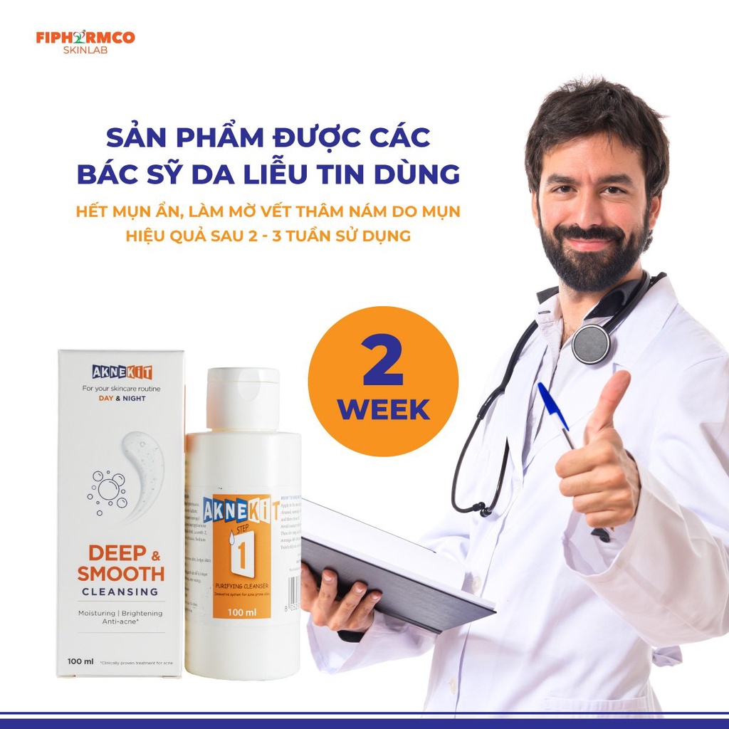 Sữa rửa mặt AKNEKIT từ Ý cho da nhờn mụn, mờ sẹo giảm thâm, làm sạch sâu và giữ ẩm với BHA, AHA và Urea Peroxide