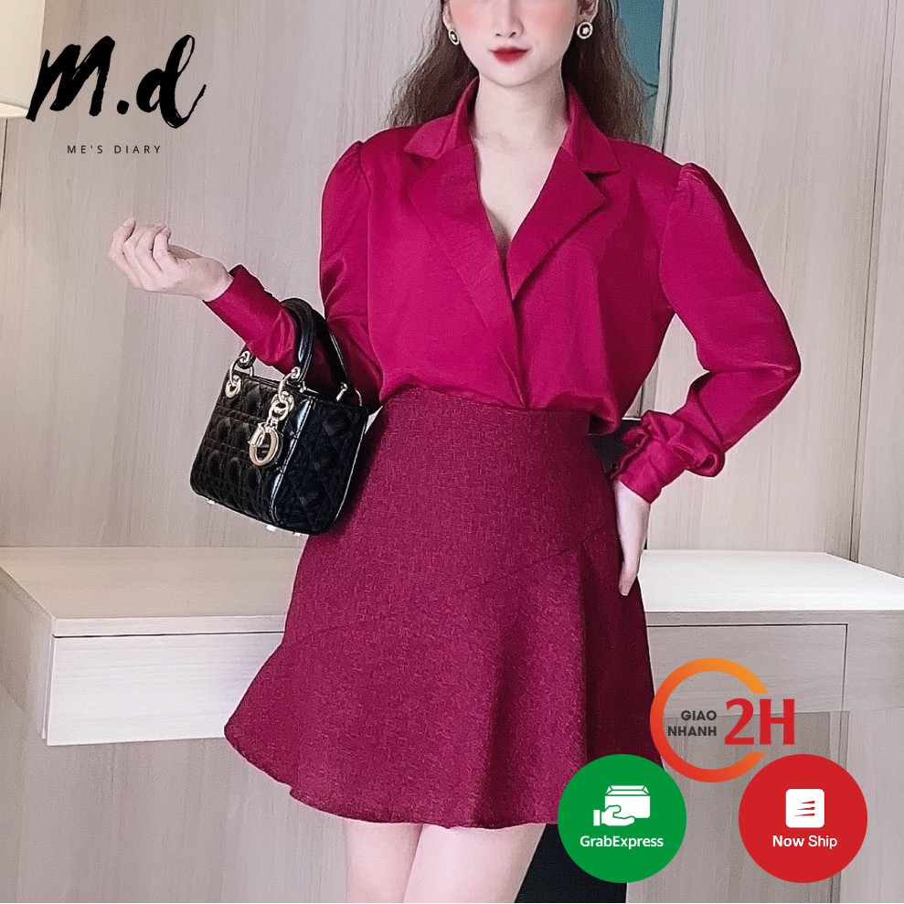 Chân váy chữ A, chất dạ tweed, da lộn, 2 lớp lót quần, màu đỏ/nâu