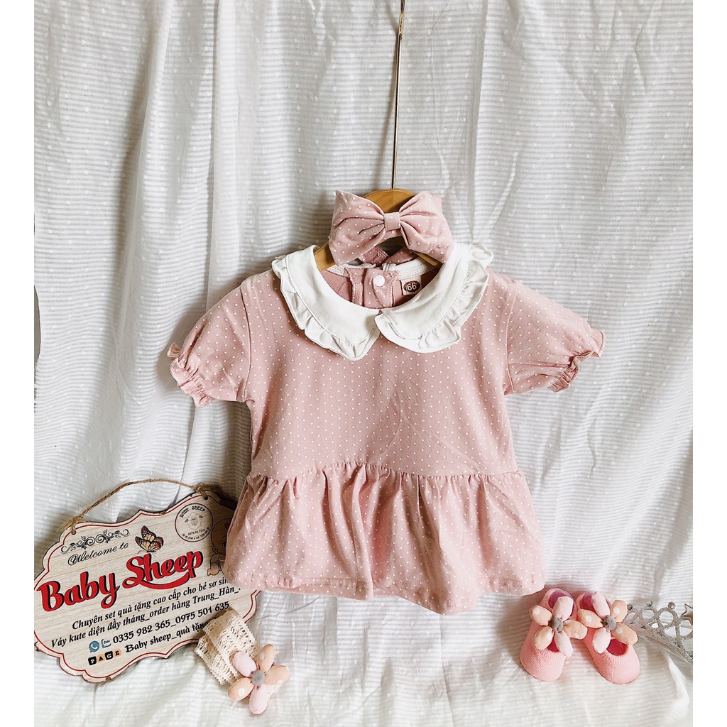 (Hàng cao cấp) Body váy cộc tay hồng chấm bi kèm turban xinh xắn cho bé 0-3 tuổi hàng cao cấp Baby Sheep