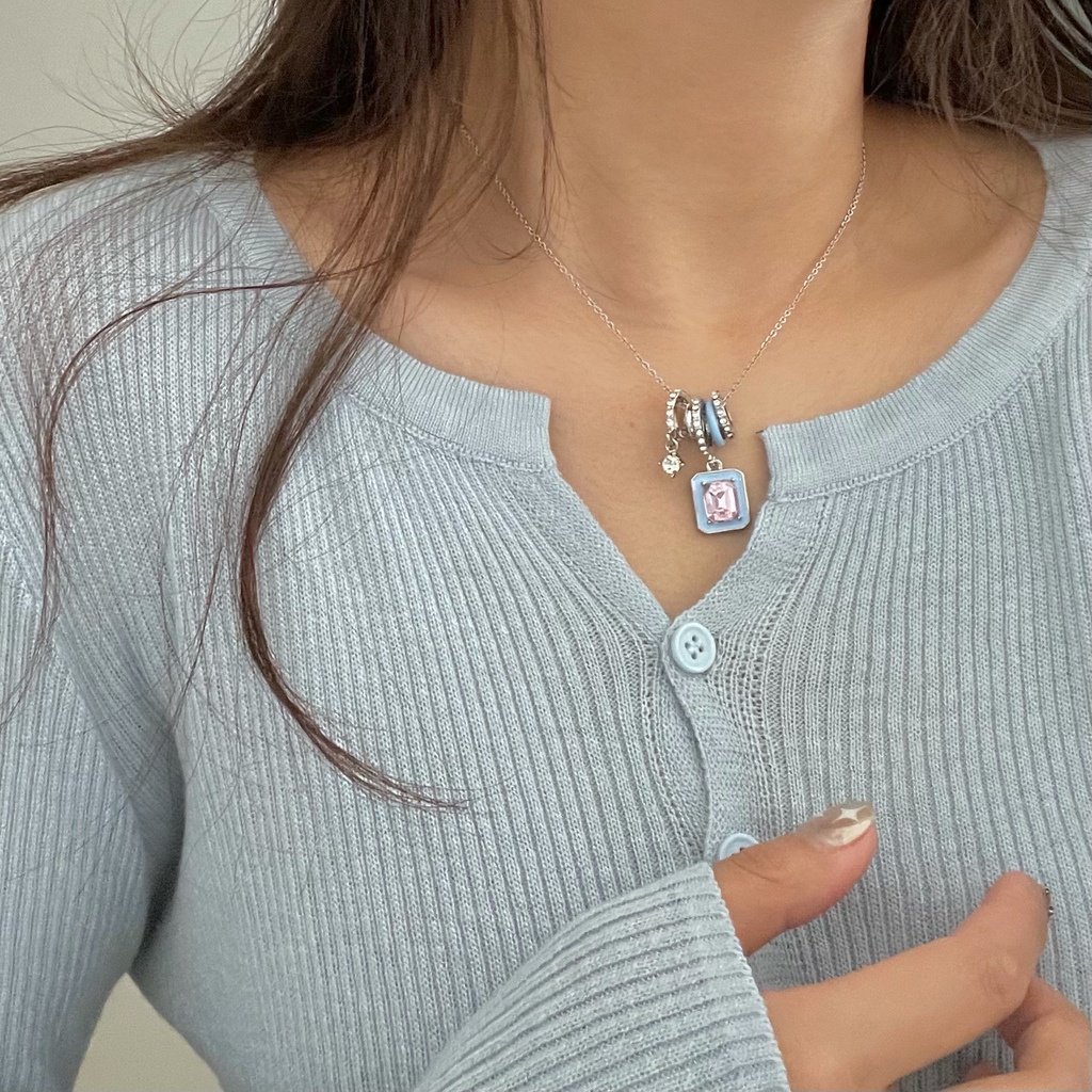 Vòng cổ Hình Khối Màu Bột Xanh Dương Phong Cách Harajuku Dễ Phối Đồ Thời Trang Mùa Hè