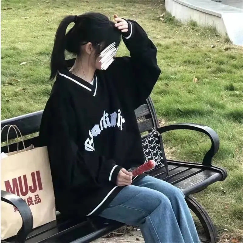 Jiashucheng Áo Khoác Sweater Cổ Chữ V Màu Đen Phong Cách Retro Mỹ Dễ Phối Đồ Dành Cho Nữ