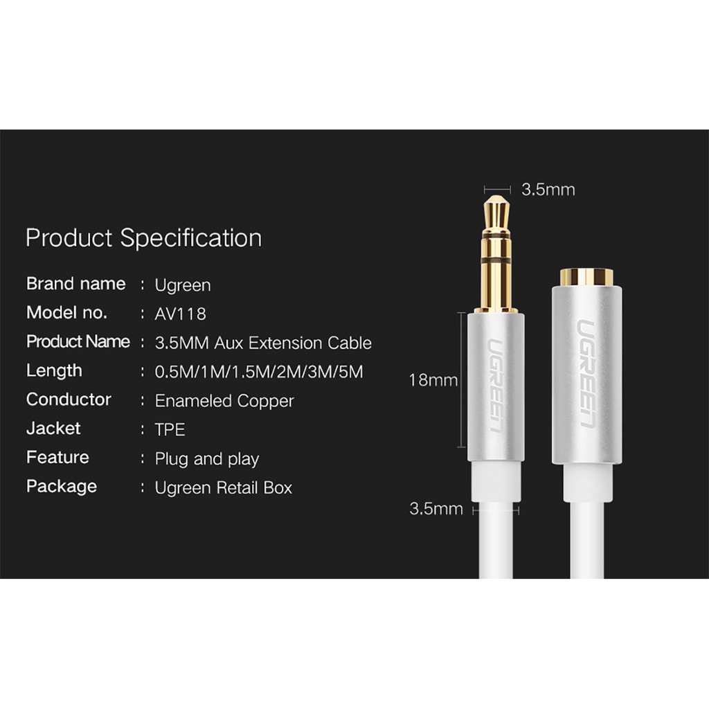 Cáp Nối Dài Audio 3.5mm Cao Cấp Ugreen AV118 | Không hỗ trợ Mic