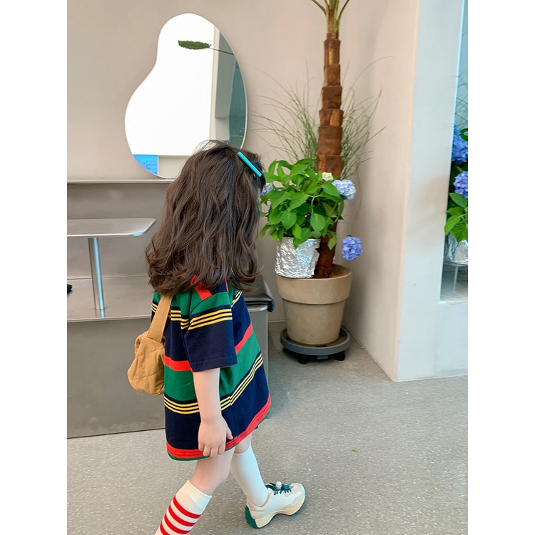 Áo Thun Cotton Dáng Dài Họa Tiết Kẻ Sọc Màu Sắc Tương Phản Phong Cách Hàn Quốc Thời Trang Mùa Hè Cho Nữ