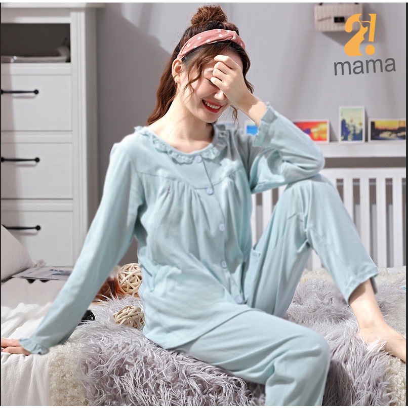 Bộ đồ bầu mặc nhà, sau sinh cotton dài tay cổ bèo trơn 2mama V200