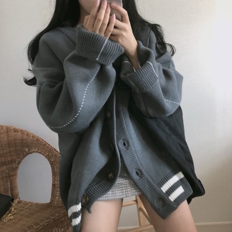 Áo khoác cardigan IELGY dệt kim kẻ sọc phong cách đi học tươi tắn nhỏ gọn dành cho nữ