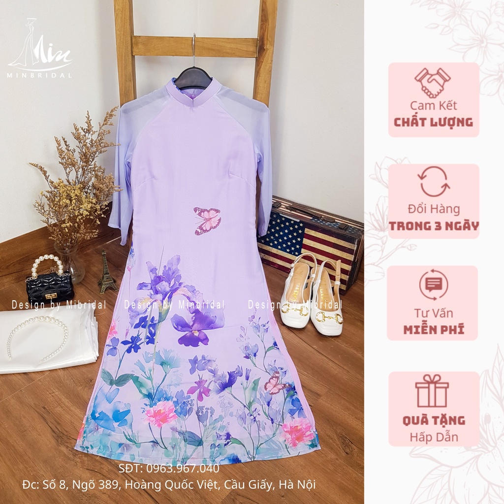 Áo dài chơi tết màu tím cà, áo 4 tà voan tơ óng