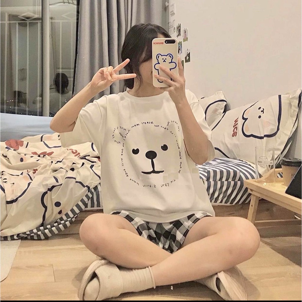 Set Cộc Gấu Short Caro PEONYB Nữ [FREESHIP]  Bộ quần đùi kẻ sọc kèm áo thun tay lỡ, phông in hình dễ thương Ulzzang