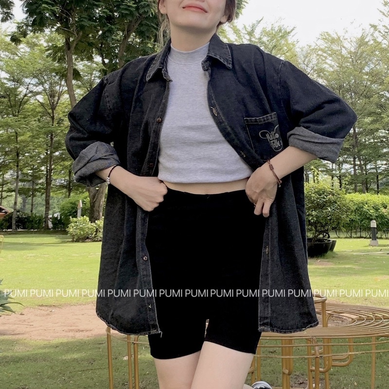 Quần biker short dáng ngắn nữ cạp cao ôm phối với áo 2 size S M có sẵn tại Pumi