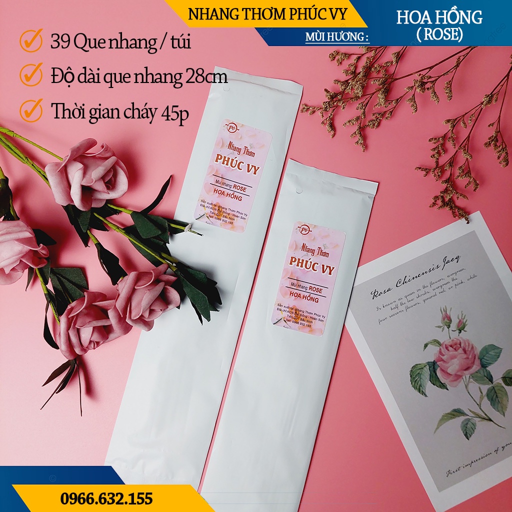 Nhang Thơm Phúc Vy Hương Hoa Hồng Rose - Túi 39 Cây 28cm, Ít Khói, Thơm Nhẹ, Dễ Chịu, Không kích mũi