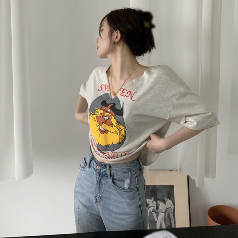 Áo Thun Croptop Tay Ngắn Cổ Chữ V In Họa Tiết Hoạt Hình Phong Cách Retro Hàn Quốc Cho Nữ