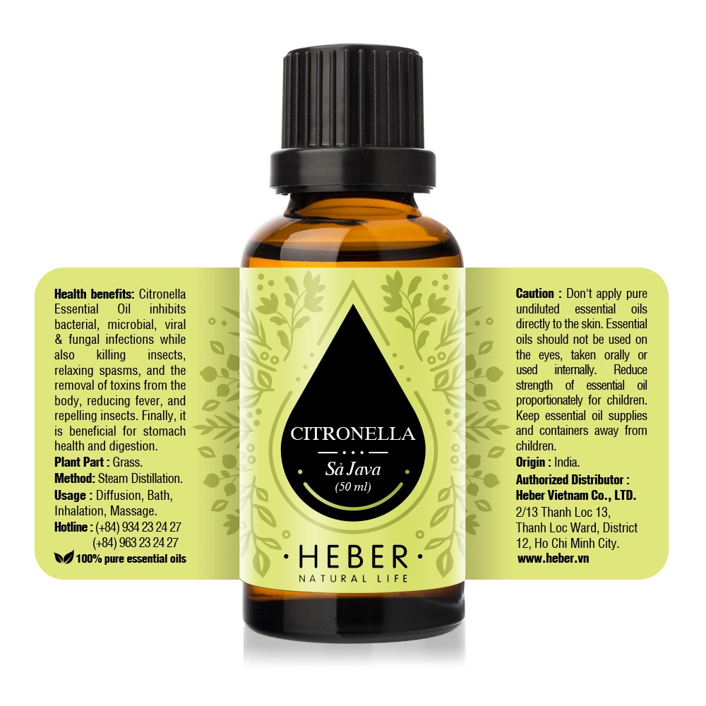 Tinh Dầu Sả Java - Citronella Heber Natural Life, Cao Cấp Nhập Khẩu, Thiên Nhiên Nguyên Chất, Chai 10ml/30ml/50ml