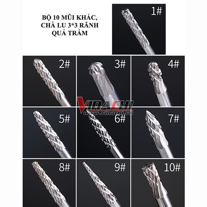 BỘ 10 MŨI KHẮC CHÀ LU RÃNH QUẢ TRÁM ( bộ )
