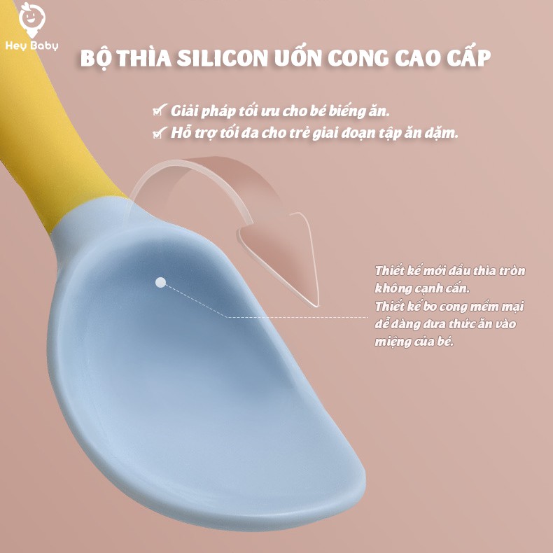 Bộ Thìa Dĩa Tập Ăn Dặm Cho Bé Silicon Uốn Cong Hàng Kèm Hộp Đựng Cao Cấp