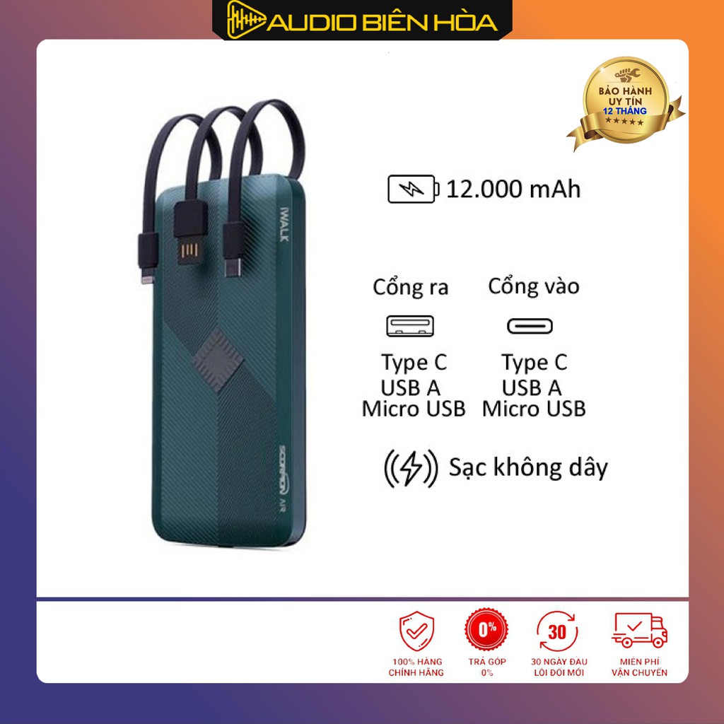 Pin sạc dự phòng iWalk UBT12000X 12000mAh - Sạc không dây - Hàng Chính Hãng