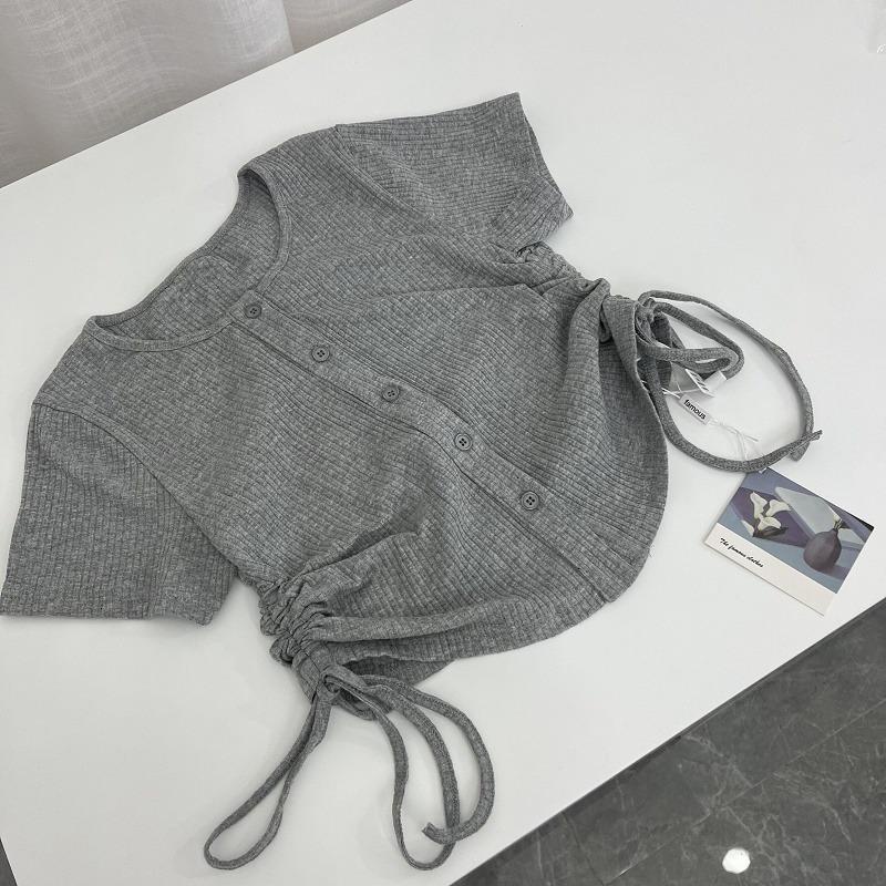 [Babycat] Hàng Có Sẵn Áo Thun Cardigan Tay Ngắn Phối Dây Rút Xếp Ly Phong Cách Hàn Quốc Nhật Bản Cho Nữ