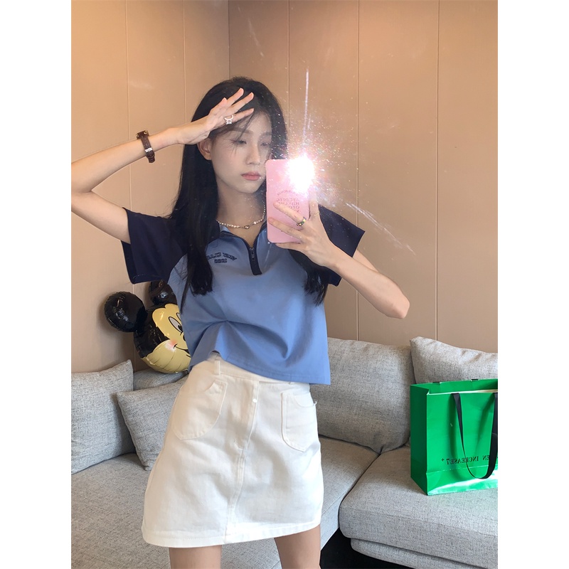 Xiaozhainv Áo Thun Croptop Ngắn Tay Cổ Polo In Chữ Phong Cách Vintage Mỹ | BigBuy360 - bigbuy360.vn