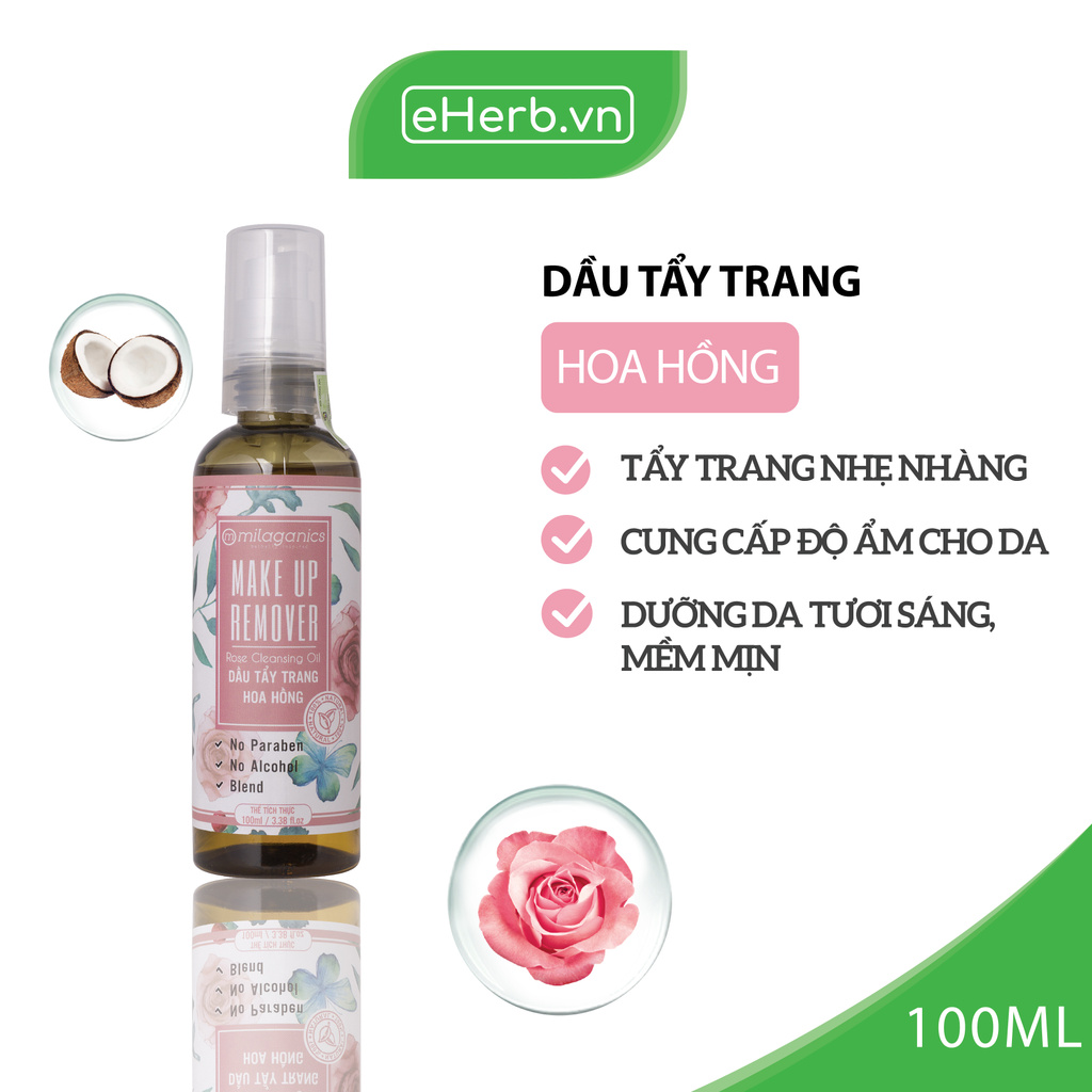 Dầu Tẩy Trang Dưỡng Ẩm Hoa Hồng Làm Sạch Dịu Nhẹ, Cân Bằng Độ pH MILAGANICS 100ml (Chai)