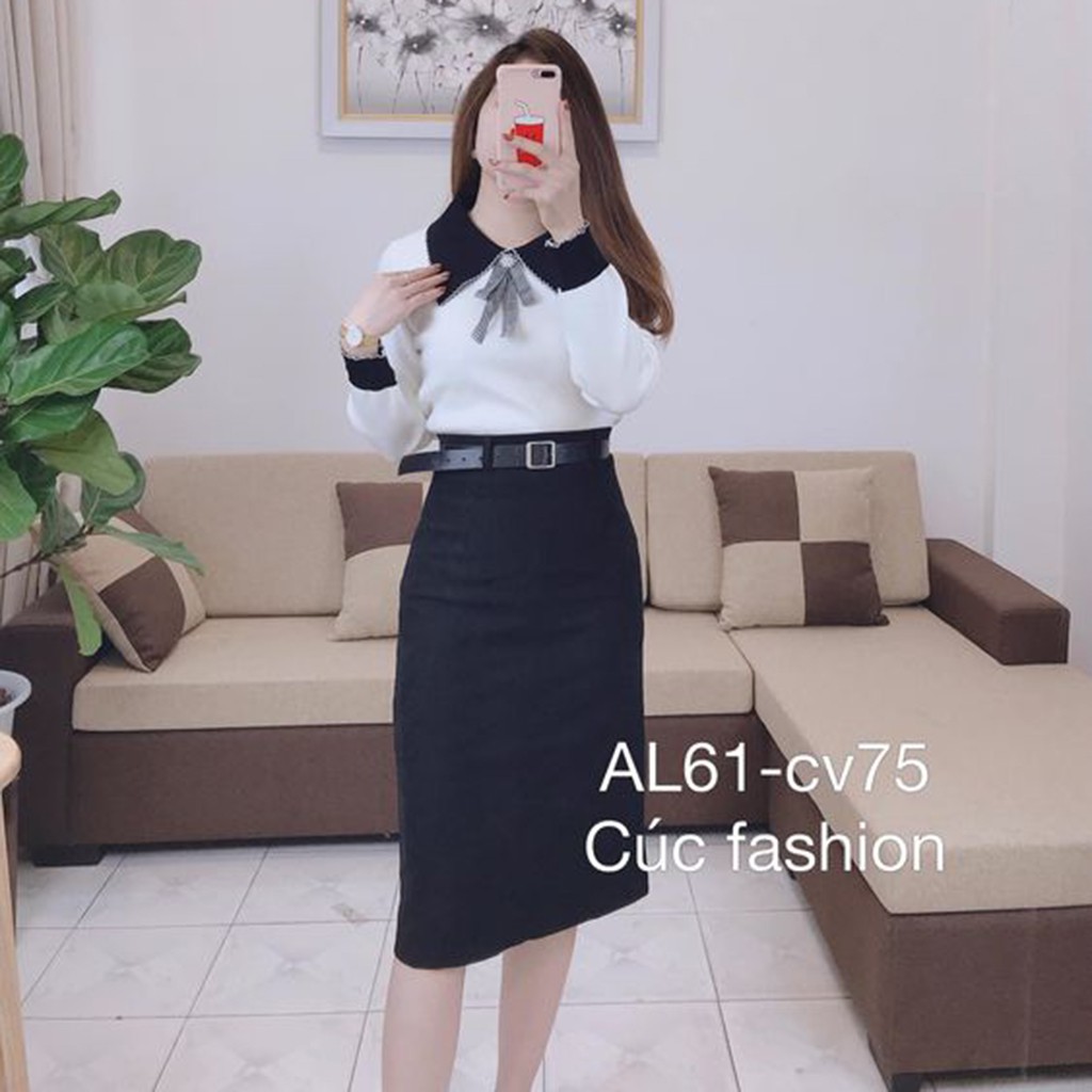 Áo len nữ cổ nơ cao cấp xinh Cúc Fashion L32 áo len cổ nhọn viền đen