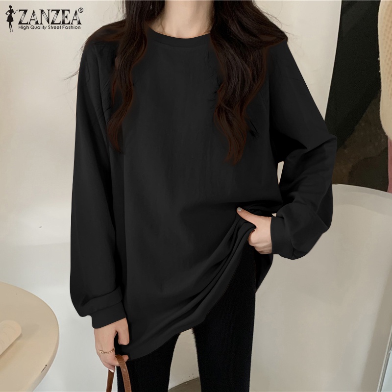Áo kiểu dài tay ZANZEA cổ tròn màu trơn thời trang cho nữ