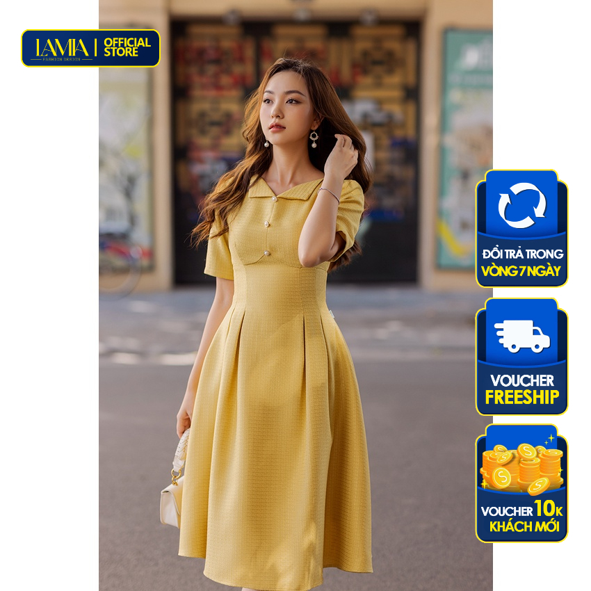 Đầm nữ Lamia Design LD145 màu vàng dáng xòe xếp ly lớn yêu kiều