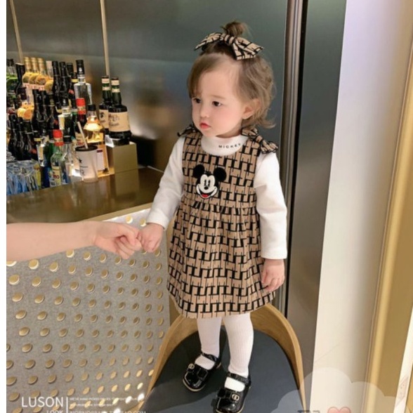 Váy nhung micky đeo nơ kèm áo cotton 4 chiều cho bé gái siêu xinh 1-5 tuổi