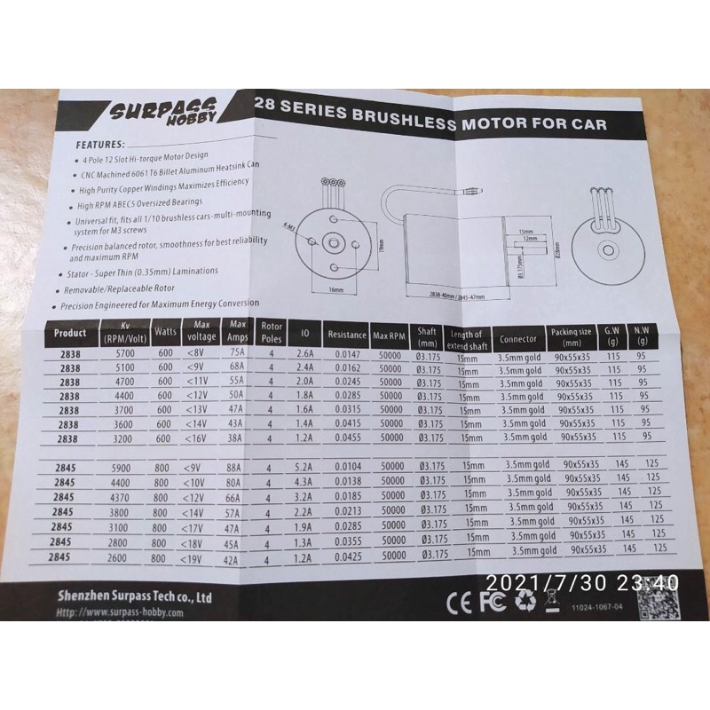 Combo motor brushless không chổi than 2845 3100kv/3800kv+Esc 35A SURPASS HOBBY wltoys a959 a979 SG1603 wpl d12 b16 b36