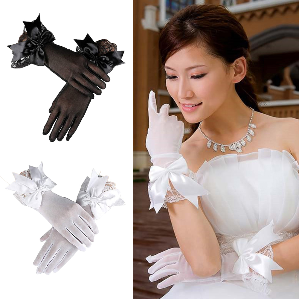 Găng tay ngắn vải lưới thắt nơ màu trắng/đen viền ren thời thượng cho cô dâu