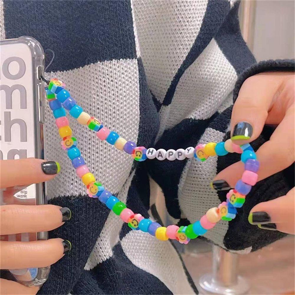 Dây Đeo Điện Thoại Dạng Chuỗi Hạt Nhiều Màu Sắc Mặt Hình Mặt Cười Dễ Thương Cho Nữ