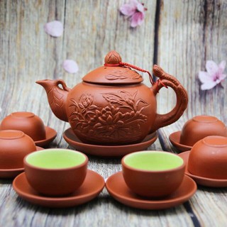 Bộ ấm trà tử sa Bát Tràng đắp nổi hoa Phù Dung