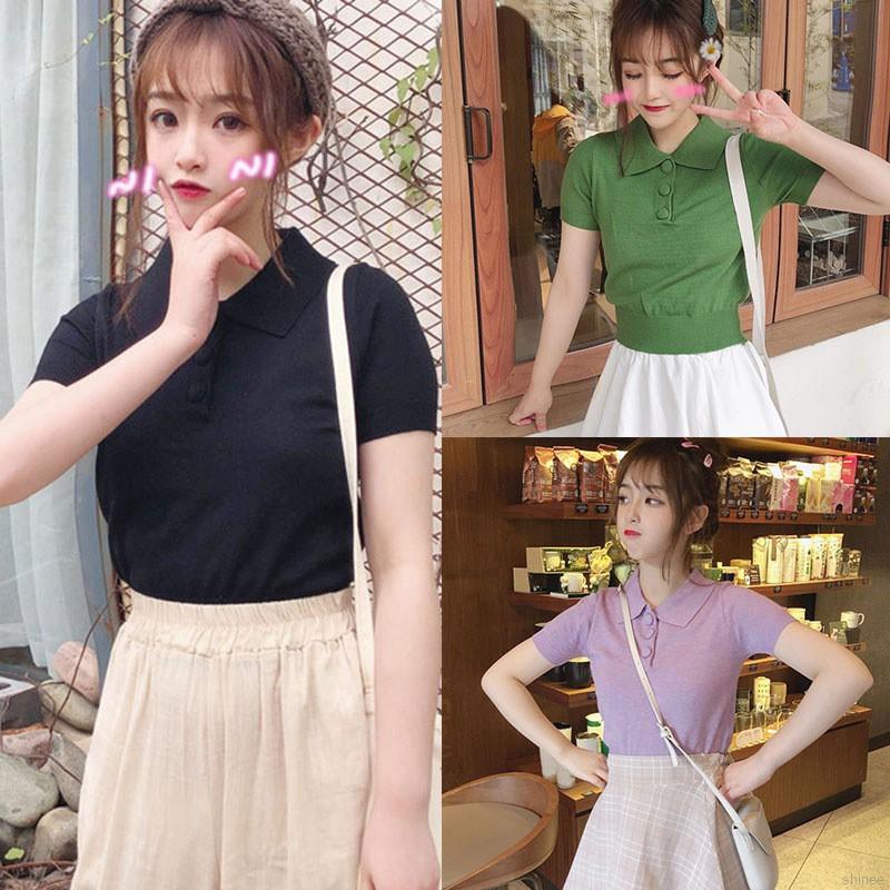 Áo thun polo nữ dệt kim tay ngắn màu kẹo ngọt | BigBuy360 - bigbuy360.vn