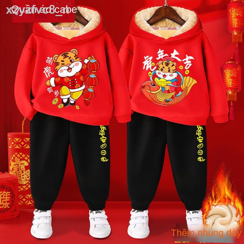 ◄┅Bộ đồ trẻ em mùa đông bé trai và gái cùng áo len có mũ trùm đầu nhung dày 2022 năm con hổ lễ hội
